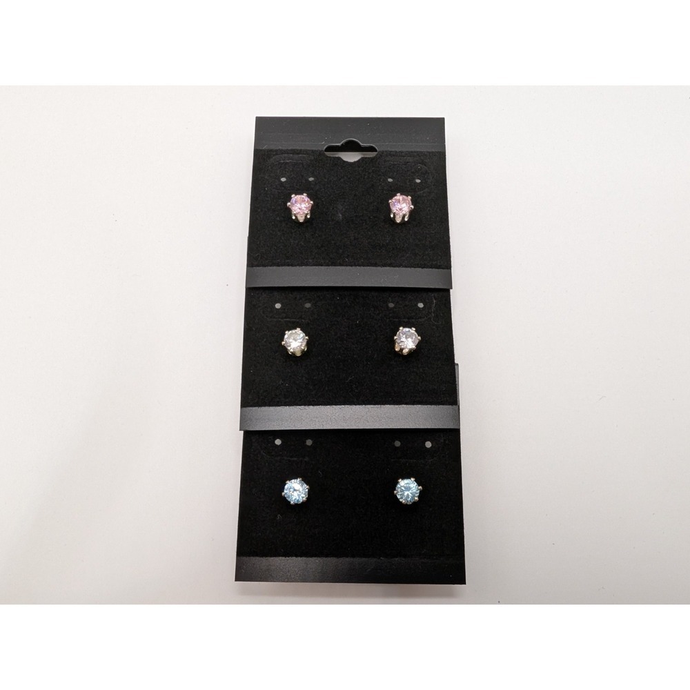 Earrings 3-Stud Set CZ Pink Clear Blue Post Back NWOT